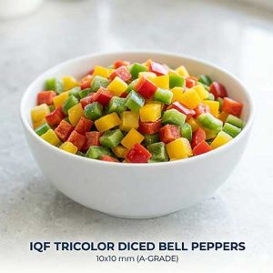 Premium IQF tricolor diced mixed bell peppers 10x10mm by Ice King Co.