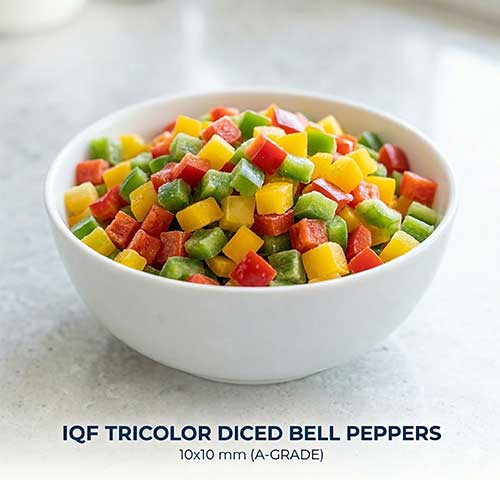 Premium IQF tricolor diced mixed bell peppers 10x10mm by Ice King Co.